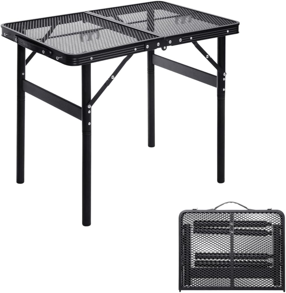 Small Folding Table 2FT Grill Table Foldable Camping Table Picnic Portable Mesh 2 Height Adjustable Outdoor Beach BBQ Black 23.6×15.7 inch