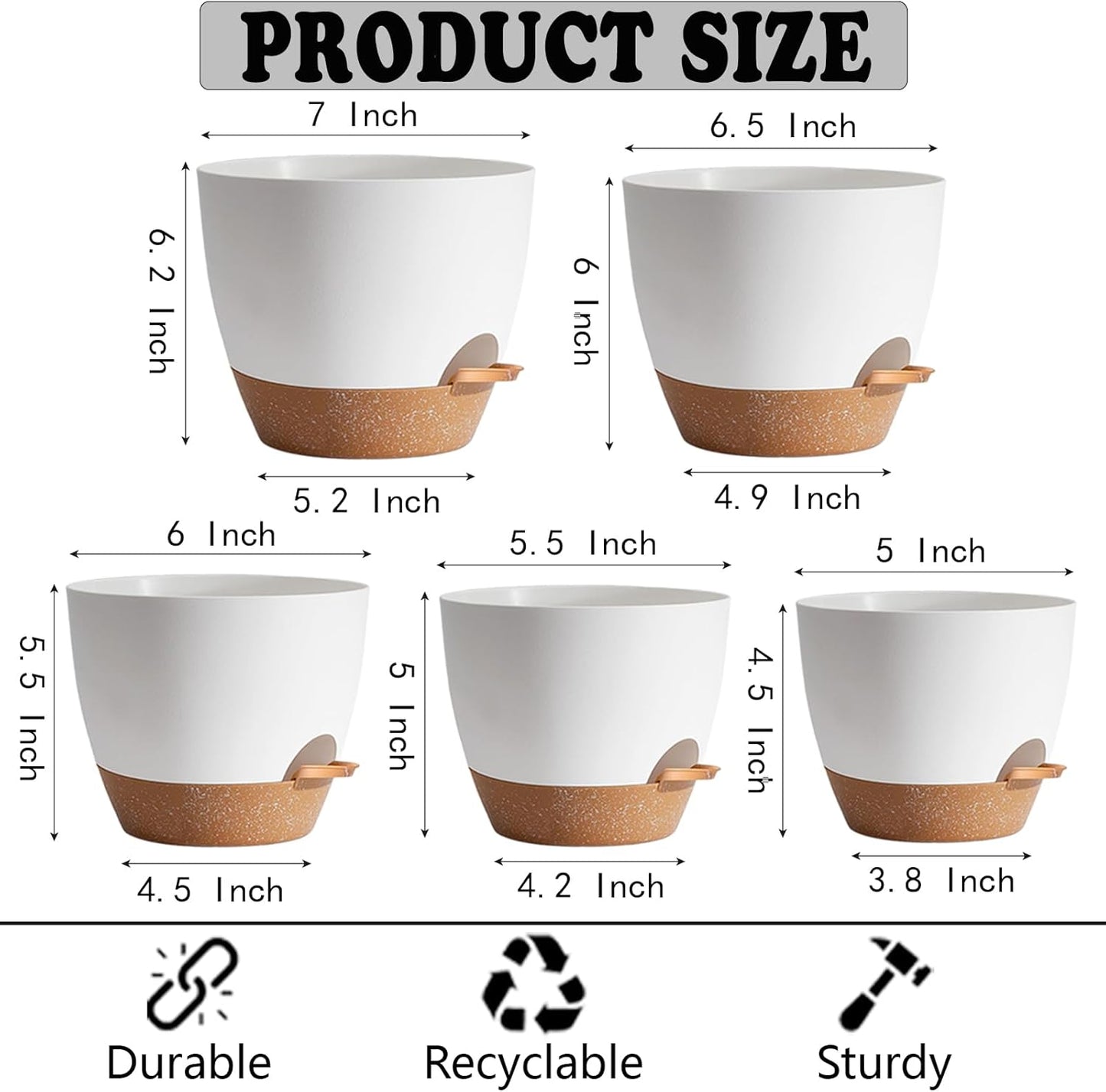 5Pack Self Watering Plant Pots for Lazy People, 7/6.5/6/5.5/5 Inch,White Plastic Self Watering Planter for All Houseplants,Succulent, African Violets,Snake Plants, Flowers and Cactus