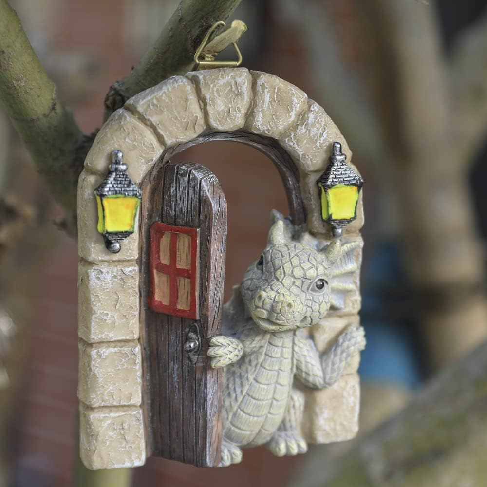 Dragon Garden Ornament Resin Craft Ornament Statue Fairy Door Yard Art Outdoor and Garden Solar Light Luminous Sand Open Door Dragon Wall Statue Outdoors Decor (Open The Door)