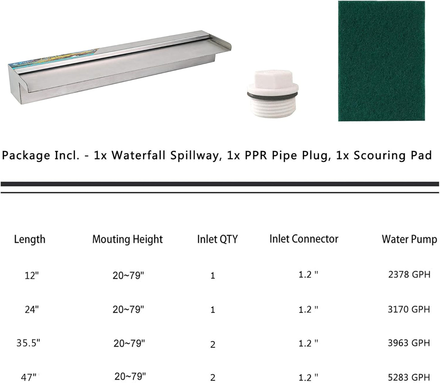 YUDA 36 Inch Water Pool Fountain, 304 Stainless Steel Pool Waterfall with Wider Water Flow Platform, Professional Waterfall Spillway for Sheer Descent Garden Outdoor