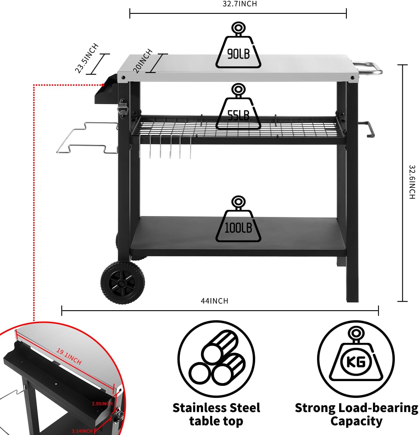 Dining Cart Table with Three Shelf, Movable Outdoor BBQ Grill Table Pizza Oven Stand with Three Hooks, Kitchen Cart Island Multifunctional Food Prep Table for Inside and Outside (Sliver)