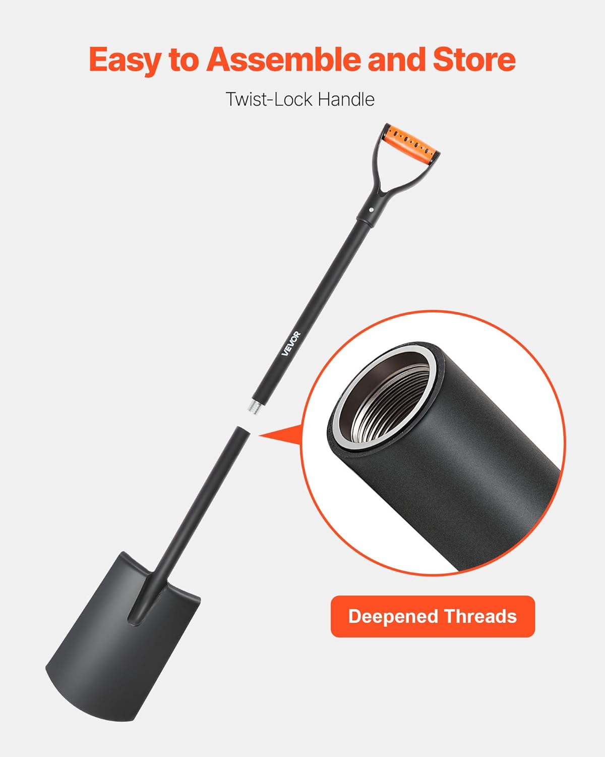 VEVOR Square Shovel, 48 in Heavy-Duty Flat Shovel, Transfer Shovels with Alloy Steel Blade and Non-Slip D-Handle, Detachable and Easy Storage, for Gardening, Construction, Digging, and Snow Shoveling