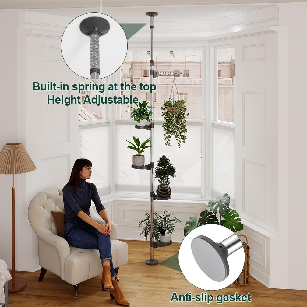 Hershii 5-Layer Indoor Plant Stand Pole Spring Tension Rod Corner Flower Display Rack Holder Adjustable Telescopic Floor to Ceiling Shelf Space Saving - Grey