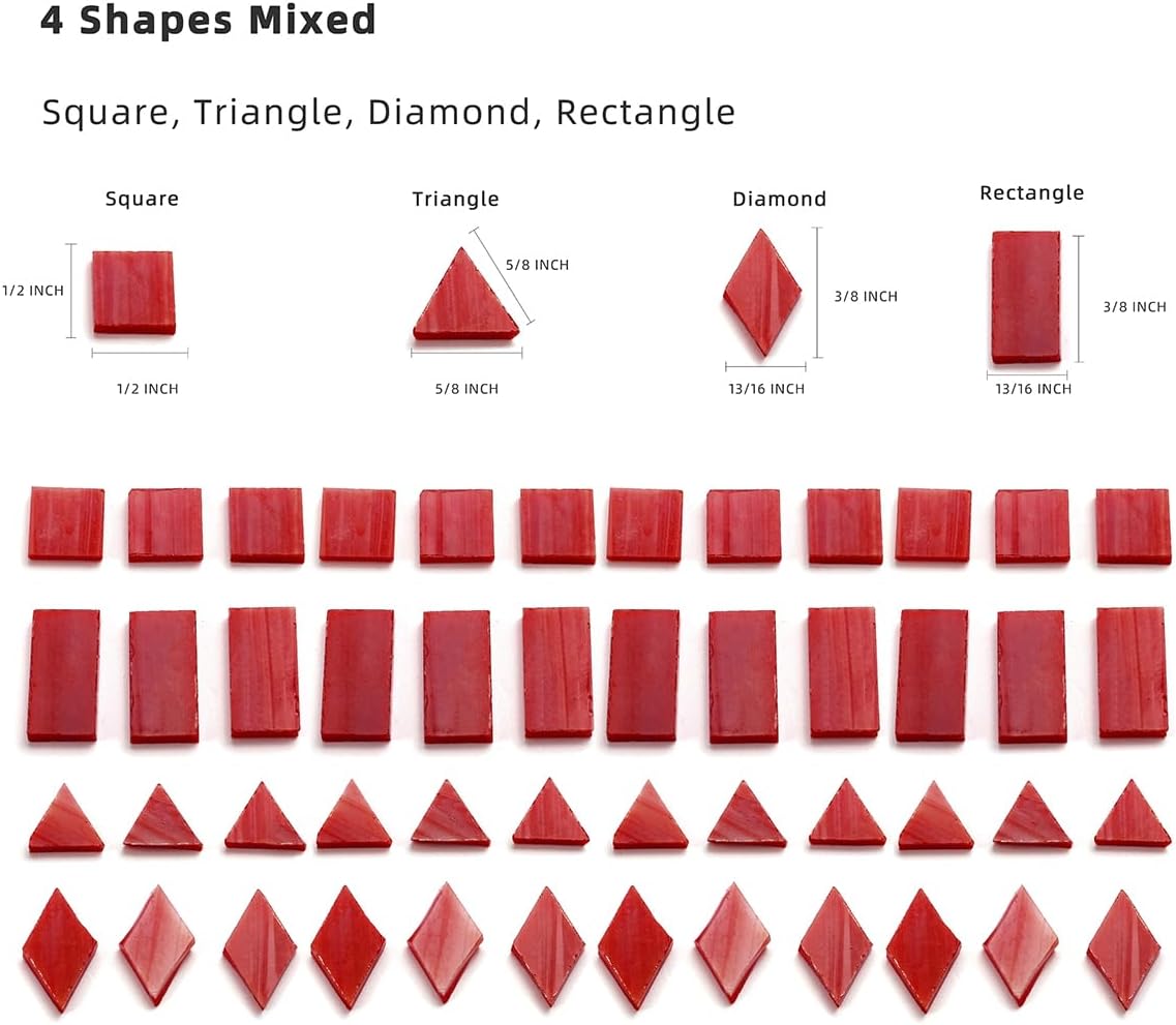 Lanyani 200 Pieces Glass Mosaic Tiles for Crafts,4 Shapes Mixed Colorful Tiffany Stained Glass Pieces,Square/Rectangle/Diamond/Triangle,Dark Red