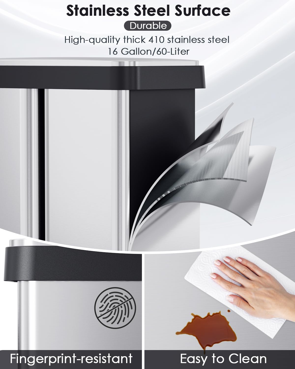 Arlopu 16 Gallon Dual Trash Can, 60L(2x30L) Stainless Steel Kitchen Garbage Can, Step-on Classified Recycle Garbage Bin with Removable Inner Buckets, for Kitchen, Living Room, Office (Silver)