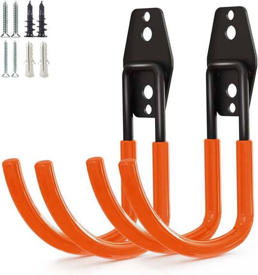 Garage Storage Utility Hooks，Garage Garden Tool Organizer，Steel Wall Mount Hooks, Large Garden U Hooks （2 Pack） (Type-2-Orange)