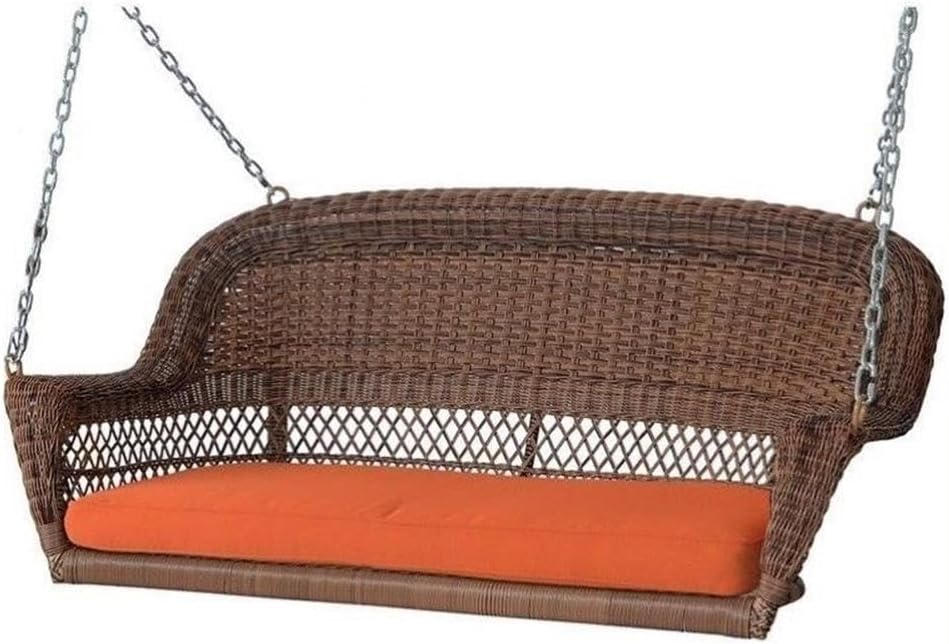 Pemberly Row Honey Wicker Porch Swing with Orange Cushion