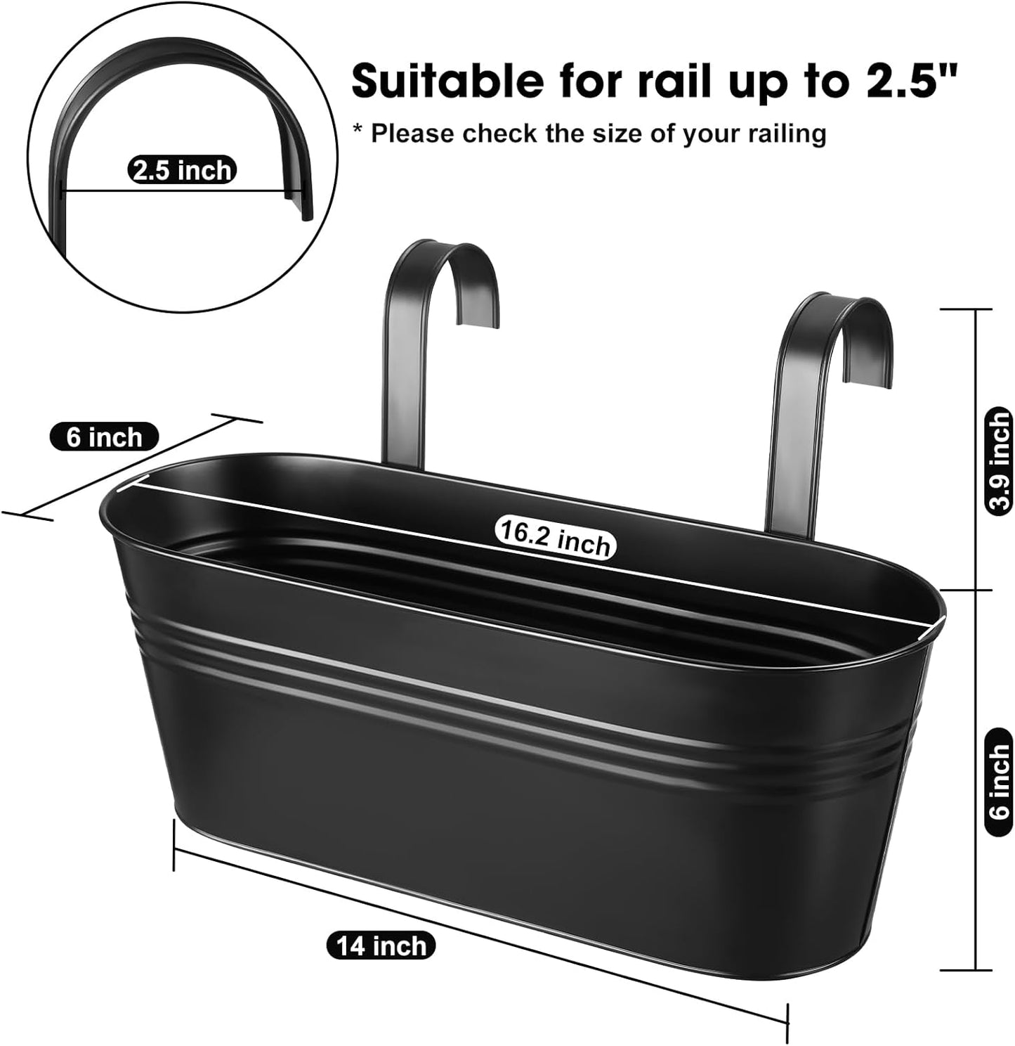 3 Pcs Large Balcony Planters Railing Hanging Flower Pots- 16.2 Inch Metal Railing Planter Box Fence Planters for Outdoor Plants with Detachable Hooks and Drain Holes for Garden Decor (Black-16.2inch)