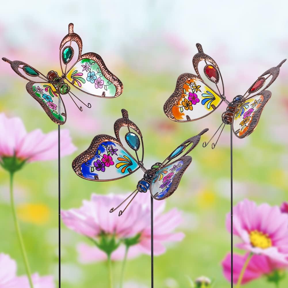 3 Pack Butterfly Decorative Garden Stakes,Outdoor Decorations Metal Yard Art Garden Stakes for Patio Yard Porch Decor