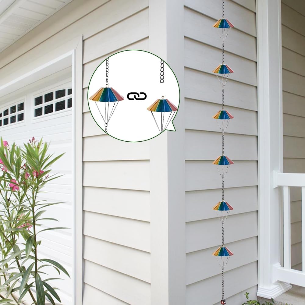 10 Ft Rain Chains for Outside, Colorful Parachute Shape Rain Catcher Chain with 10 Cups for Eaves Drainage, Replacement Downspout for Gutters