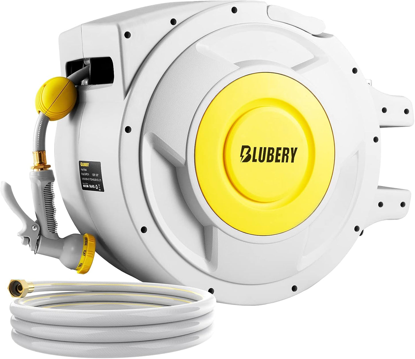 BLUBERY 130+6.7ft x 1/2" Retractable Garden Hose Reel, 40.8LB Super Heavy Duty, Any Length Lock, Slow Return System, Wide Handle, Wall Mounted and 180° Swivel Bracket, GHR02A