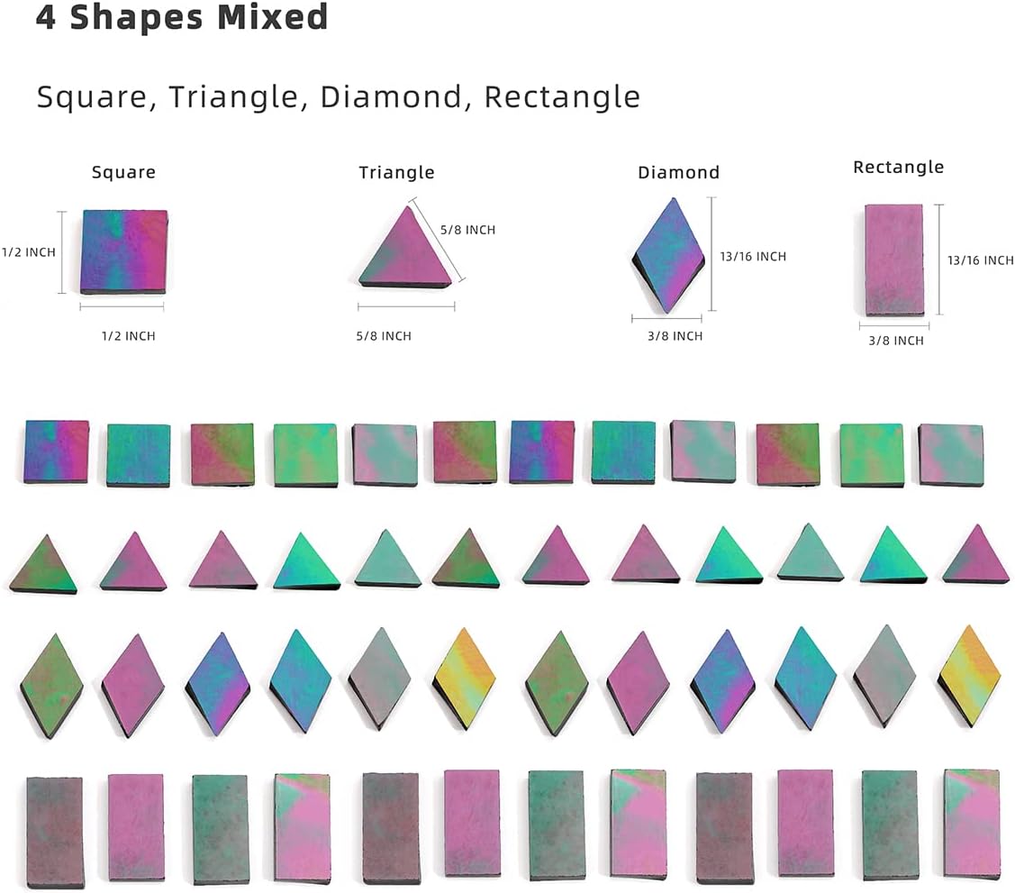 Lanyani Glass Mosaic Tiles for Art Crafts,4 Shapes Mixed Tiffany Stained Glass Pieces,200 Pieces,Square/Rectangle/Diamond/Triangle,Iridescent Black