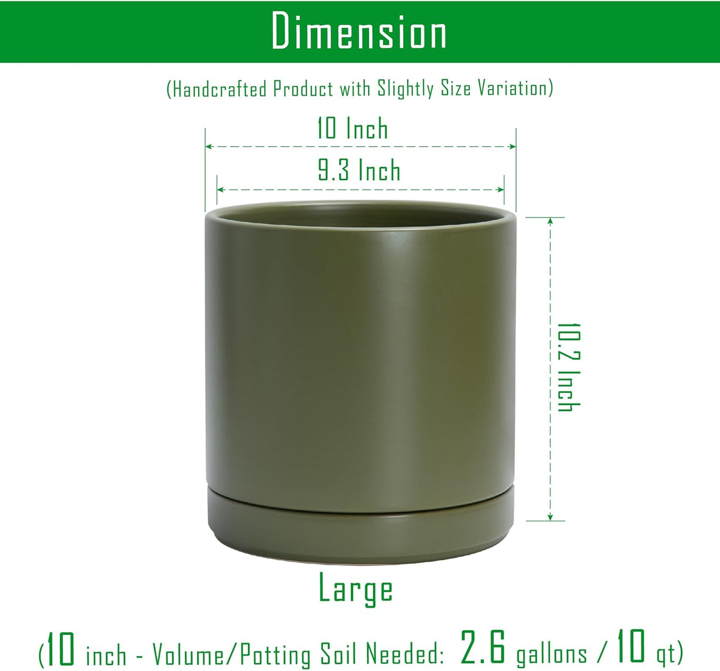 D'vine Dev 10 Inch Ceramic Planter Pot with Drainage Hole and Saucer, Indoor Cylinder Round Planter Pot, Olive, 94-O-E-J