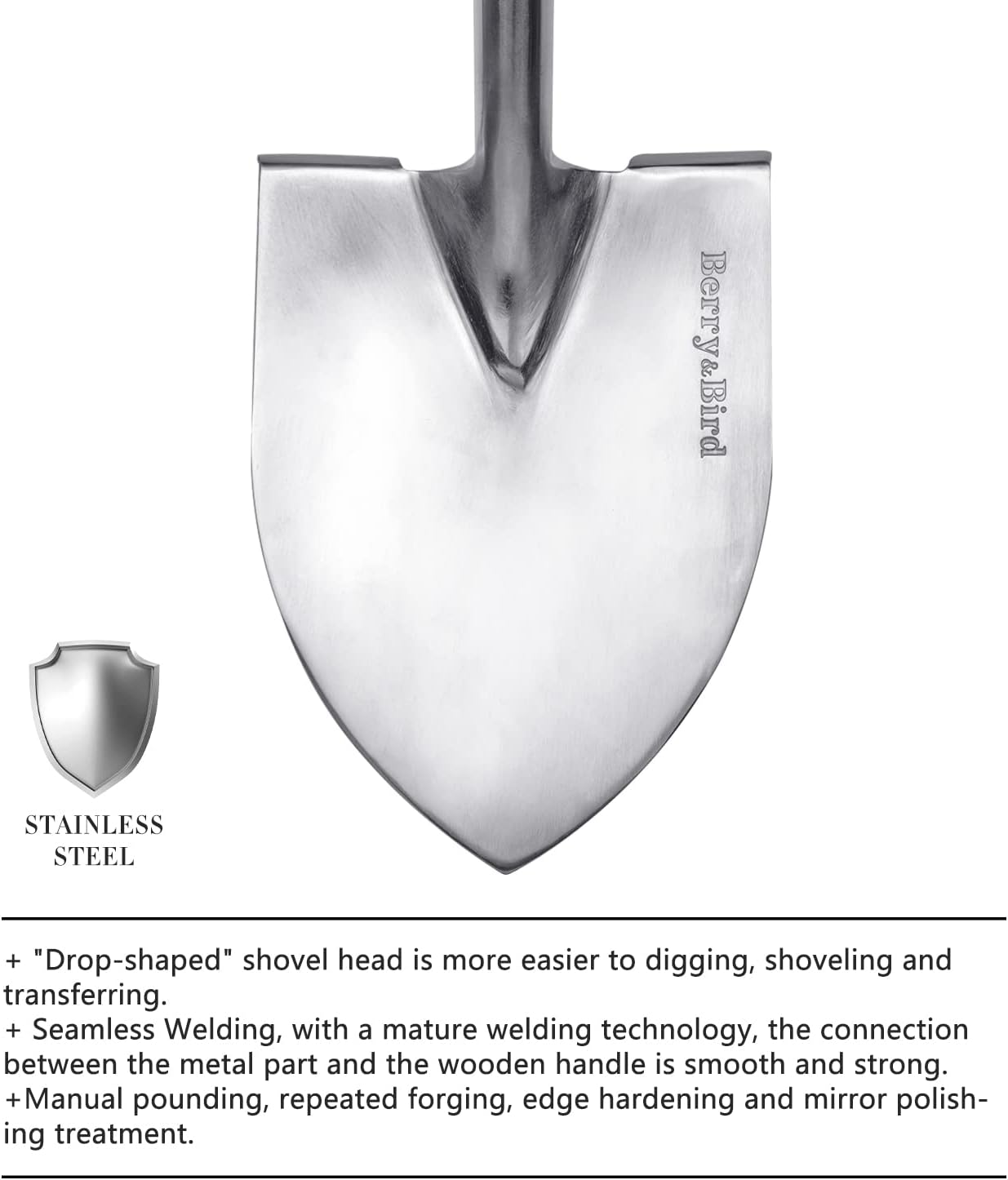 Berry&Bird Shovels for Digging, 43’’ Round Spade Heavy Duty Shovel with Wooden D Handle Stainless Steel Snow Shovel Garden Shovel Yard for Transplanting & Outdoor