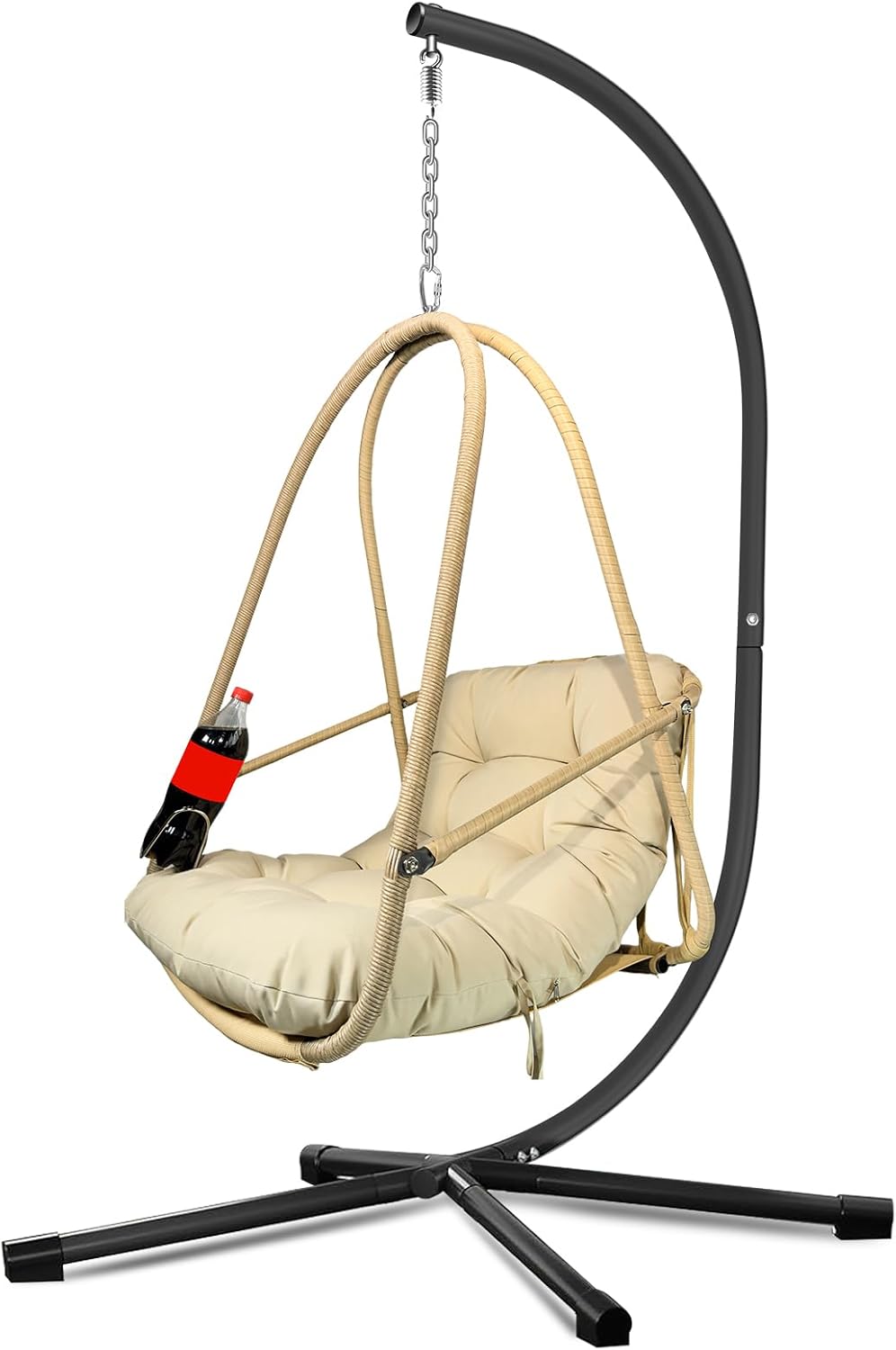 JESE Swing Egg Chair with Stand Foldable Frame Hanging Chairs for Indoor Outside,with UV Resistant Waterproof Cushion and Cup Holder,Swing Hammock Chairs for Patio,Bedroom,Balcony, Garden-350lbs Khaki