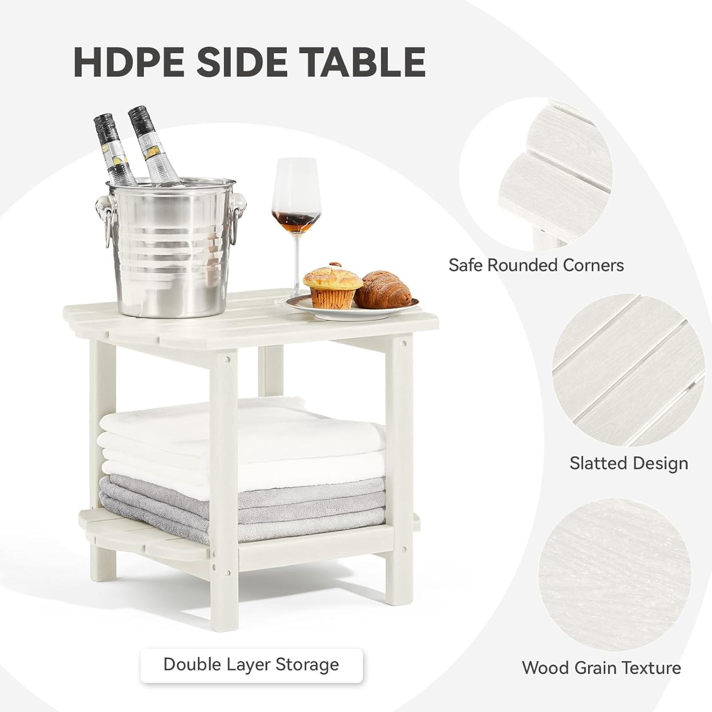 Small Outdoor Side Tables Modern 2-Tier Adirondack Table Rustic End Table HDPE Storage Shelf Industrial Corner Rectangle Coffee Table for Patio Garden Balcony Backyard Pool Farmhouse Home White