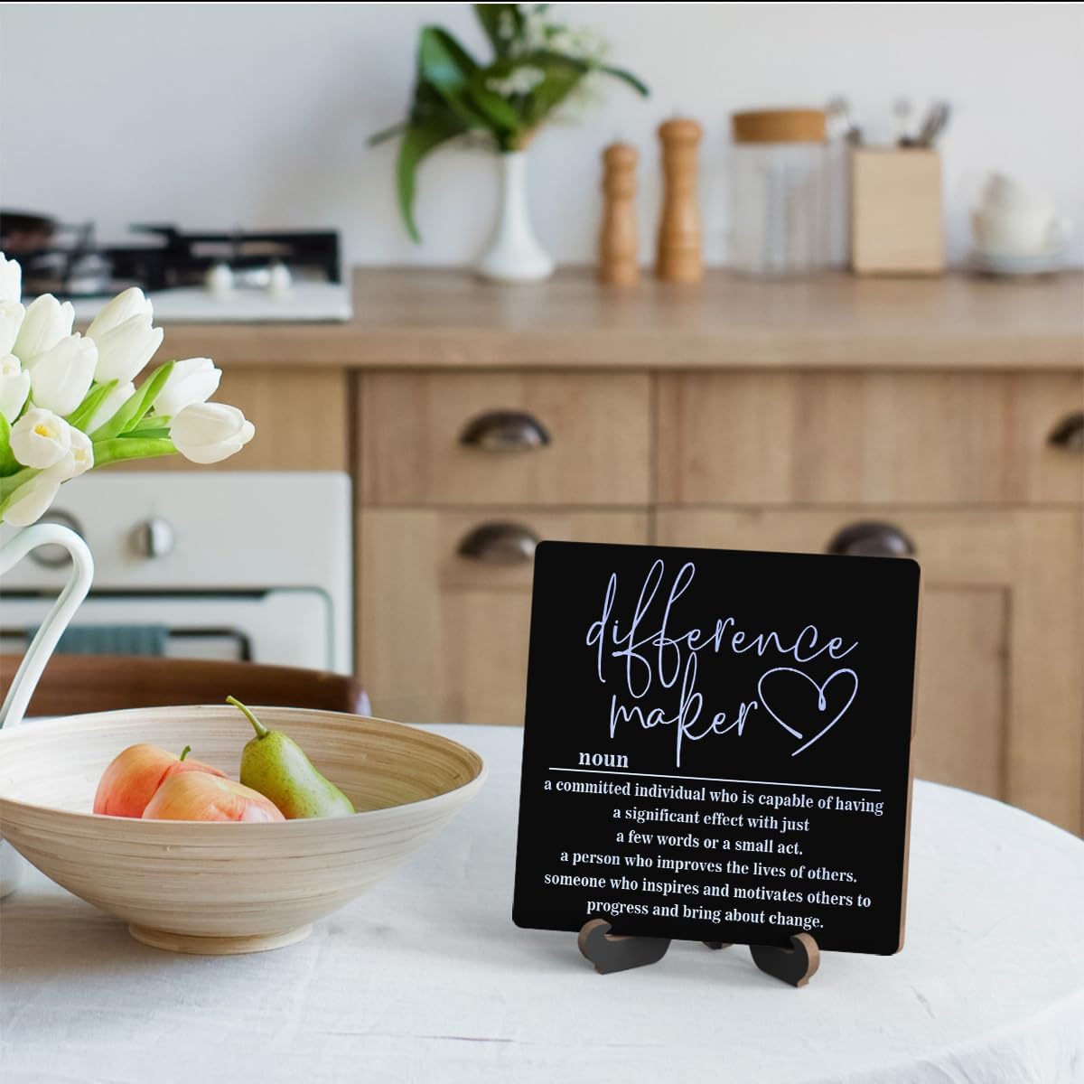 Wooden Table Sign Office Decor Difference Maker Definition Desk Decor Wood Plaque With Stand Thank You Gifts for Boss Women Best Mom Coworker Teacher Office Desk Accessories(Black)-C04