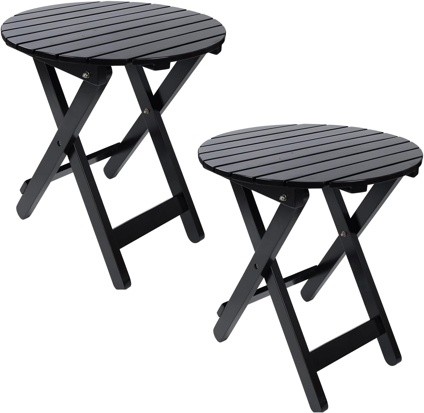 Outdoor Patio Side Table Set of 2 Small Folding Wood Round End Table Coffee Furniture for Living Room, Bedroom, Plant Stand, Camping Portable Black