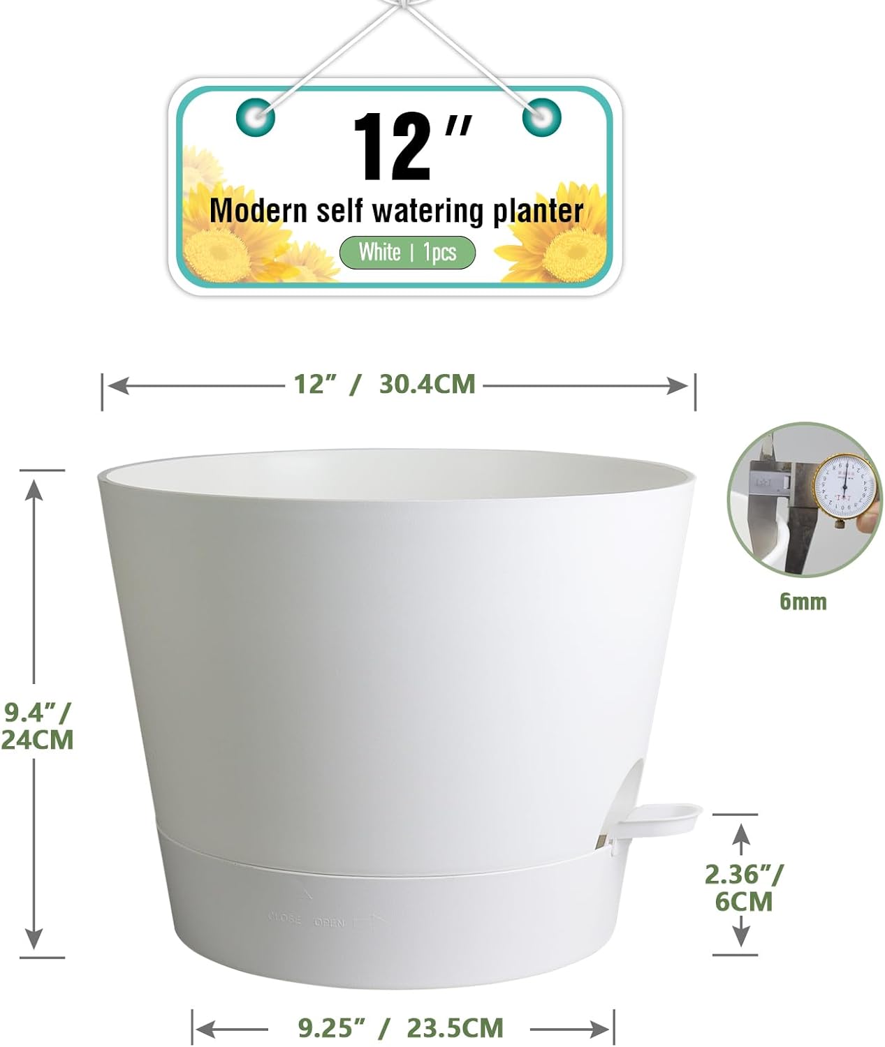 12 inch Large Self Watering Pots for Indoor Outdoor Plants, Flower Plant Pots with Mesh Drainage Holes for Garden House, Plastic Planters with Reservoir for Home, White