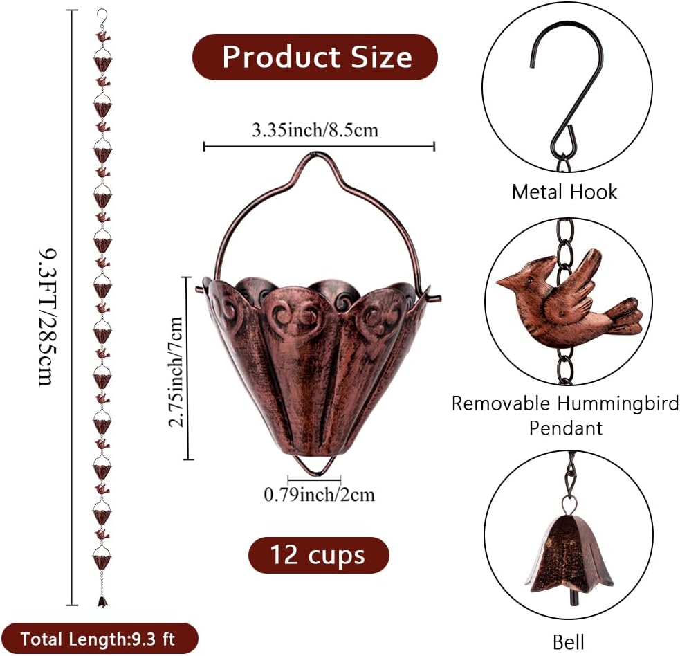 9.3 FT Rain Chain, Metal Rain Gutter Chains with 12 Cups & Detachable Hummingbird Decor, Adjustable Rain Catcher Chain with Bell for Outdoor Decor, Replacement for Downspout