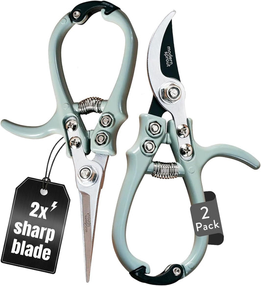 Modern Sprout Hand Pruners & Shears Set - Lightweight Gardening Tools W/Easy Lock - Sharp Carbon Steel Blades -Rust Resistant Scissors for Herbs, Flowers - Reusable Holster - Sage