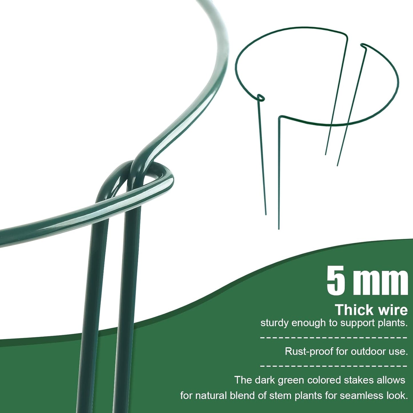 FEED GARDEN 8 Pack Plant Support Stakes, Peony Cages and Supports, Metal Garden Plant Stake(10" Wide x 16" High) Green Half Round Plant Support Rings for Outdoor Indoor Plants, Tomato, Hydrangea