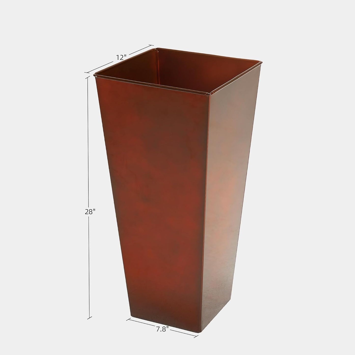 KOL 28''H. Tall Galvanized Steel Glazed Planter with Saucer, Set of 2, Planter Pots with Insert for Indoor & Outdoor Use, Decorative Flower Plant Pots for Front Porch, Patio, Deck - Reddish Brown