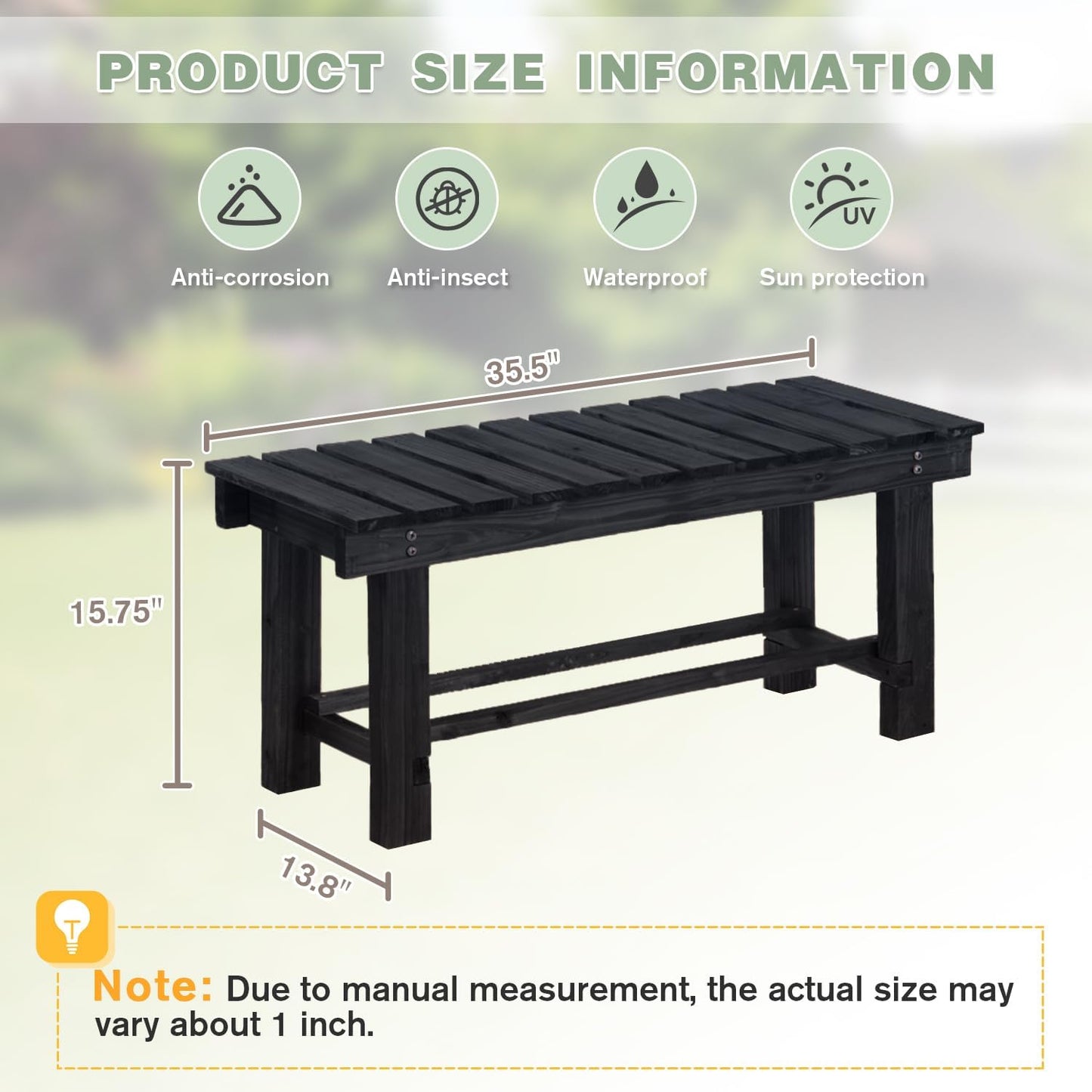 Outdoor Garden Bench, 2-Person Wood Patio Bench Weatherproof Outdoor Backless Bench, Anti-Corrosion and Anti-Rust Garden Benches for Garden Lawn Porch Park Backyard (Black,35.5''/90cm)