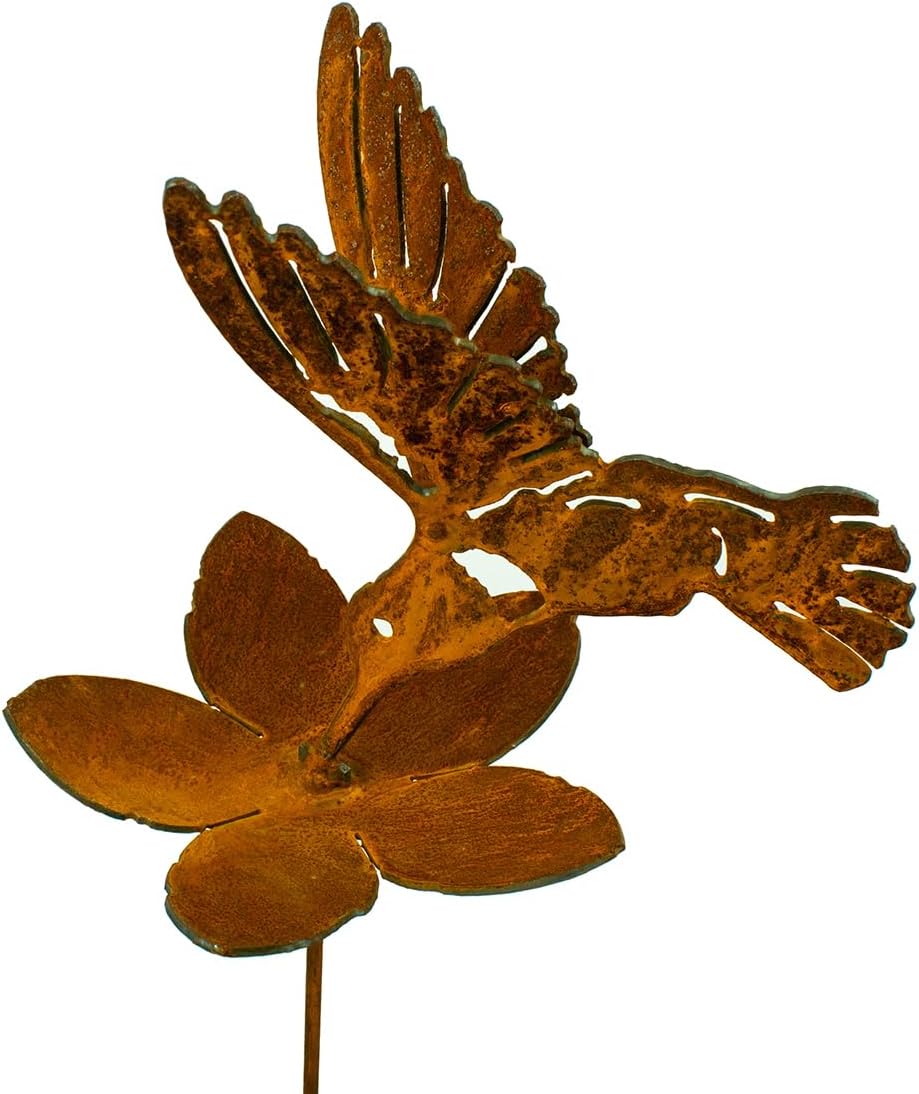 Hummingbird and Flower Garden Stake | Steel Construction with Real Rust Finish | Made in USA
