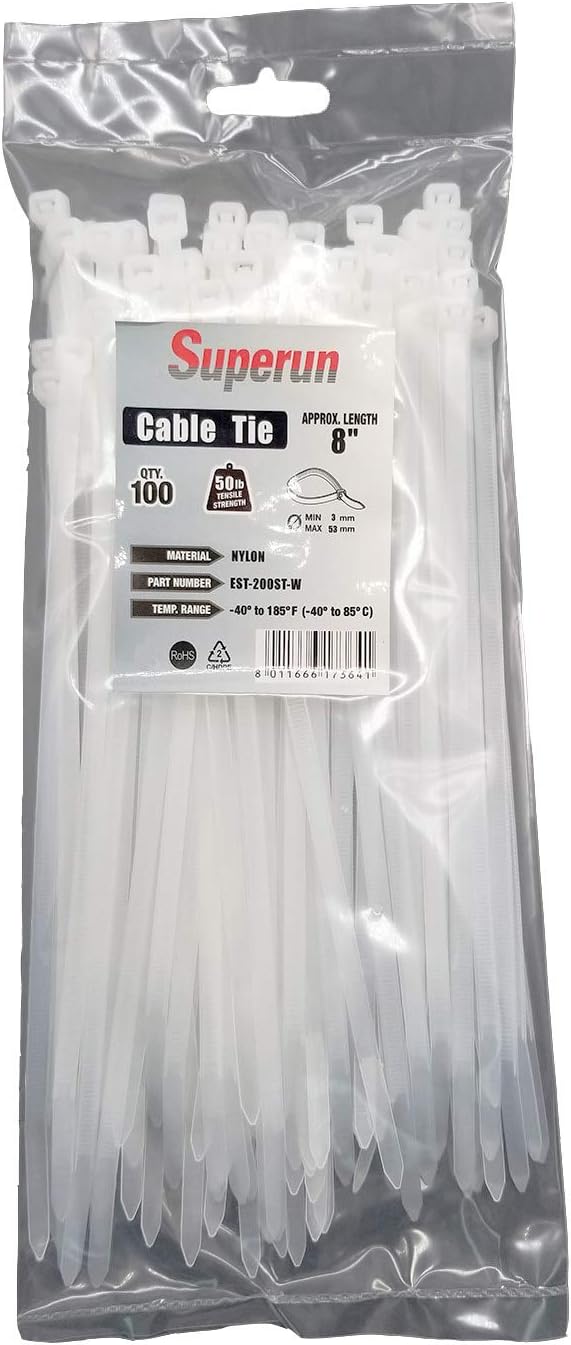Superun Heavy Duty Zip Ties 8 Inch, 50 Lbs Tensile Strength Selflocking Wire Ties (Industrial Grade Cable Ties) Pack of 100 White