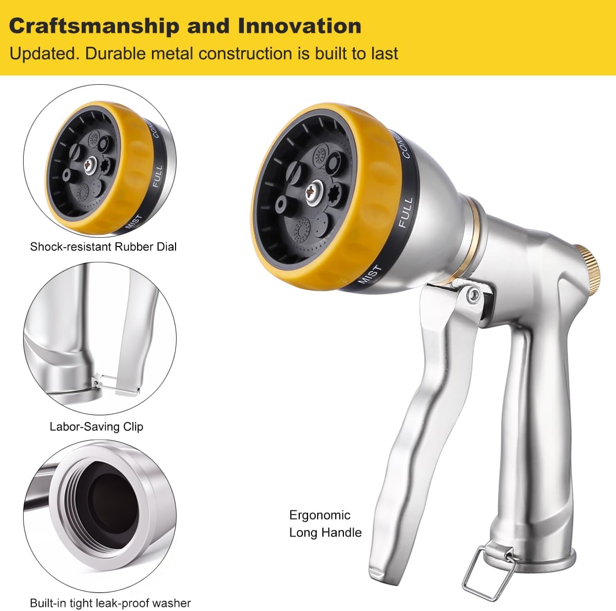 FANHAO Garden Hose Nozzle Sprayer, 100% Heavy Duty Metal Water Hose Sprayer with 7 Spray Patterns, High Pressure Spray Nozzle for Watering Plants & Lawns, Washing Cars & Pets