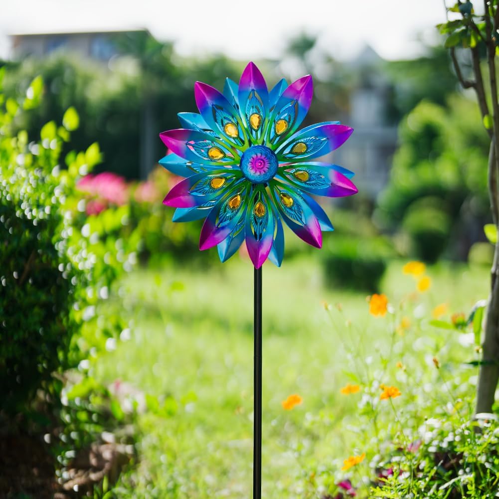 Metal Wind Spinner,13” Wind Spinners Outdoor,Peacock Windmill with Stake,Kinetic Wind Spinners for Yard and Garden,Multi-Color Pinwheels Yard Wind Sculptures,Waterproof Spinner for Patio Lawn