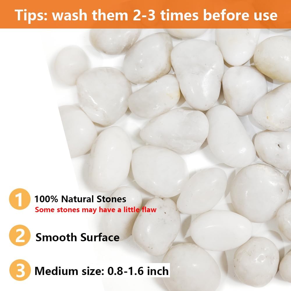 HappyFiller Natural Decorative White Pebbles Polished Rocks Stones for Aquarium Gravel,Fish Turtle Tank,Outdoor Indoor Succulents Plants Top Dressing,Graden Landscaping,2 LB