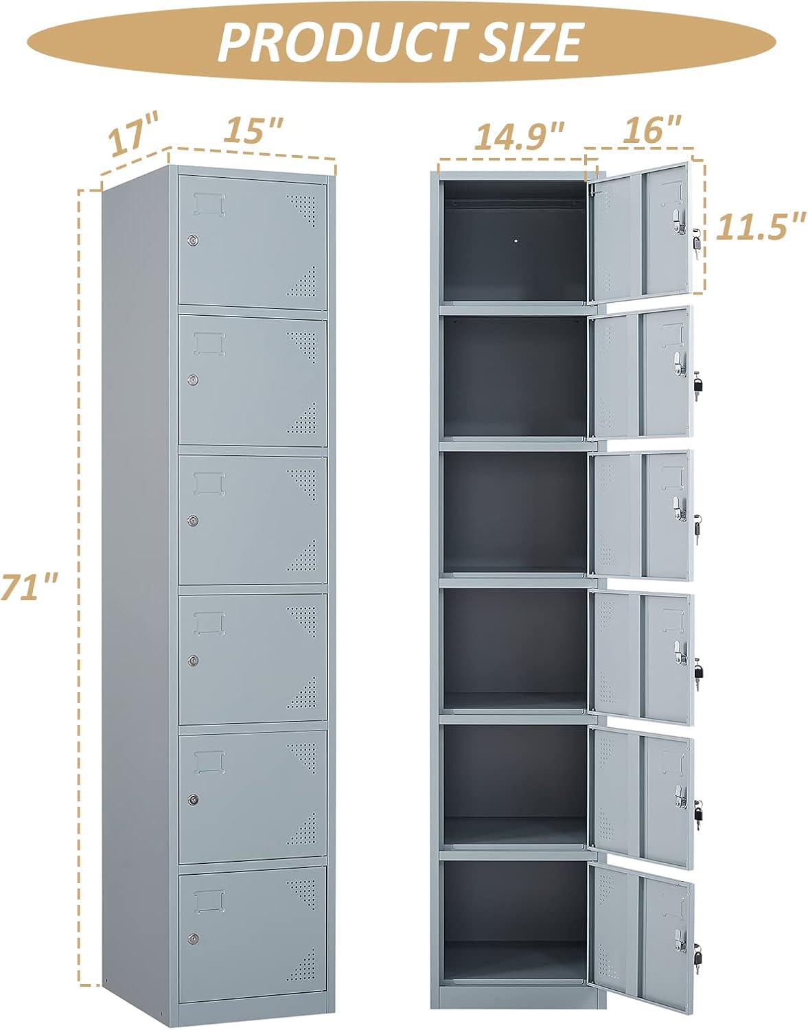 SISESOL Metal Locker Storage Cabinet with Doors and Shelves Metal Lockers with 6 Doors,71" Lockable Small Locker Storage Cabinet for Employees,School, Office, Home, Gym (Gray)