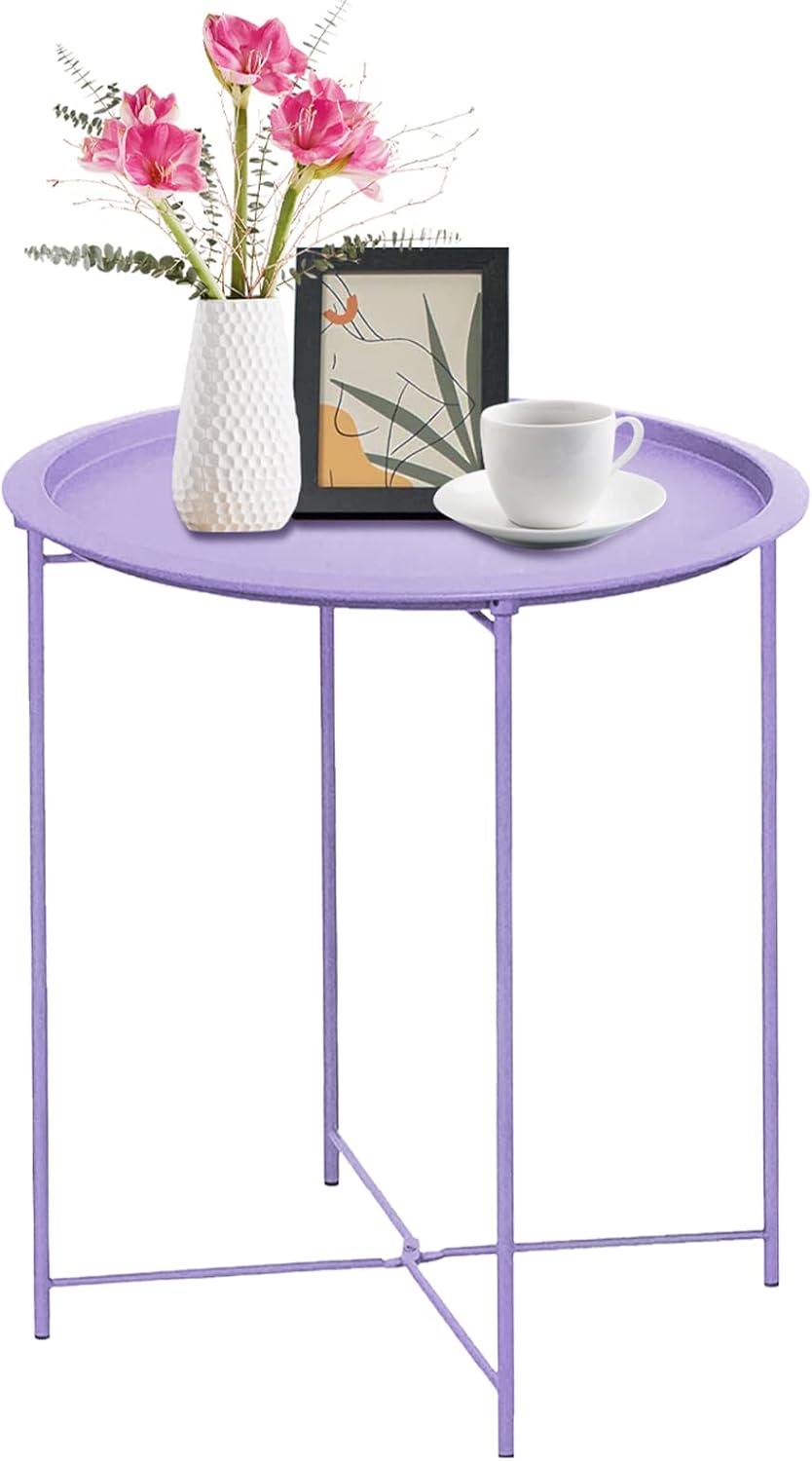Garden 4 you End Table Metal Side Table Purple Round Folding Tray Cyan Sofa Small Accent Fold-able Table, Round End Table Tray, Next to Sofa Table, Snack Table for Living Room and Bed Room