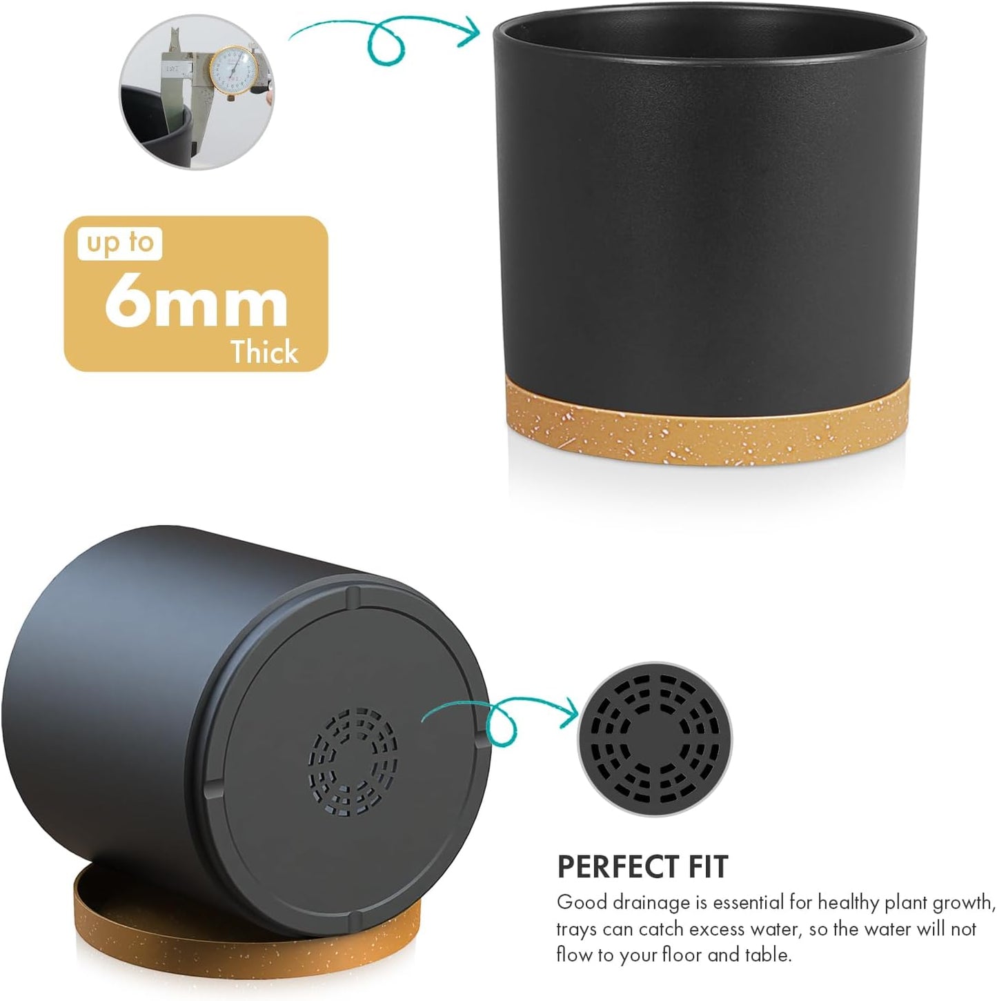 8 Inch Cylinder Plant Pots for Indoor Outdoor Plants, Medium Deep Flower Pots with Drainage Holes & Saucer, Decorative Plastic Planter Pots for Garden House Plants, Black with Brown