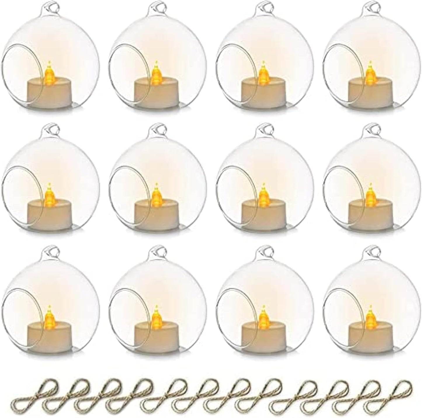 Sziqiqi Hanging Glass Globes Orbs Tea Light Candle Holders with Flameless LED Tealight for Wedding Ornaments Wedding Birthday Christmas Party Centerpiece Accessory 3.15in 12pcs