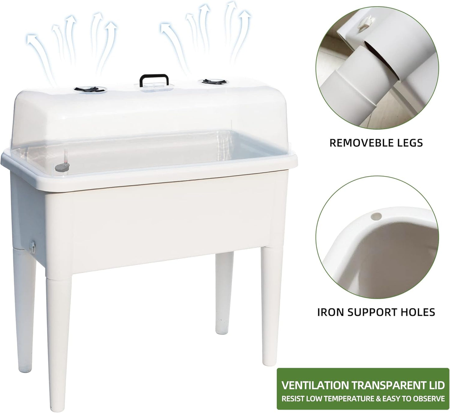 Dexceder 13.2 Gallon Self Watering Raised Garden Bed with Ventilation Transparent Lid Greenhouse, Deepen Vegetable Flower Box Planter Pot with Removeble Legs & Water Level Indicator (White)