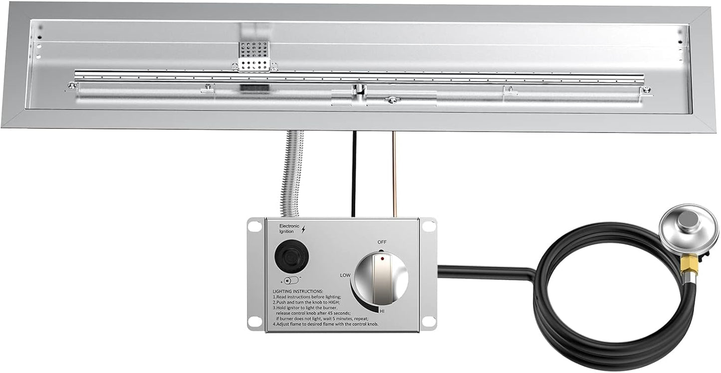 Skyflame 36" Linear Stainless Steel Fire Pit Drop-in Burner Kit with Flame Sensing, Electronic Spark Ignition, CSA Certified, and Propane Regulator Connector Hose Set for Propane Tank