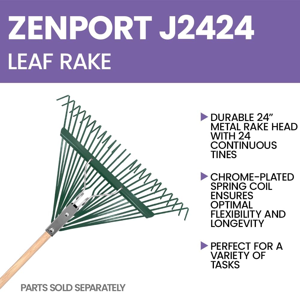 Zenport J2424 Leaf Rake with Deluxe Spring, 24-Tine, Rake Head Only, Green - 3 Pack