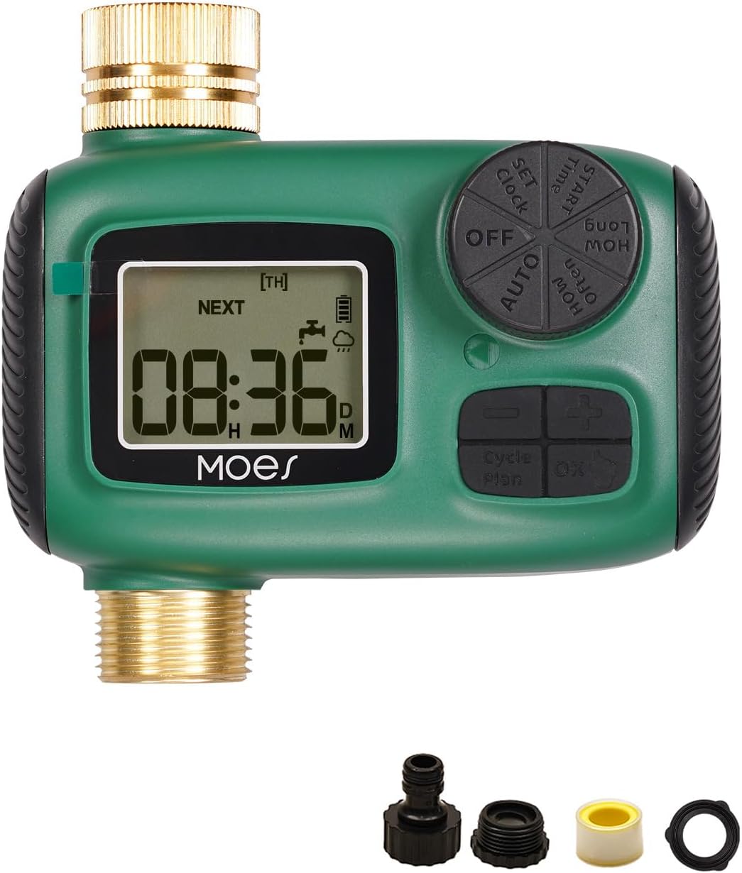 MOES Sprinkler Timer, Brass Inlet & Outlet, Programmable Automatic Irrigation Controller, Rain Delay, Manual Watering, 1 Zone Water Hose Timers for Gardens, Lawns, and Hose Systems