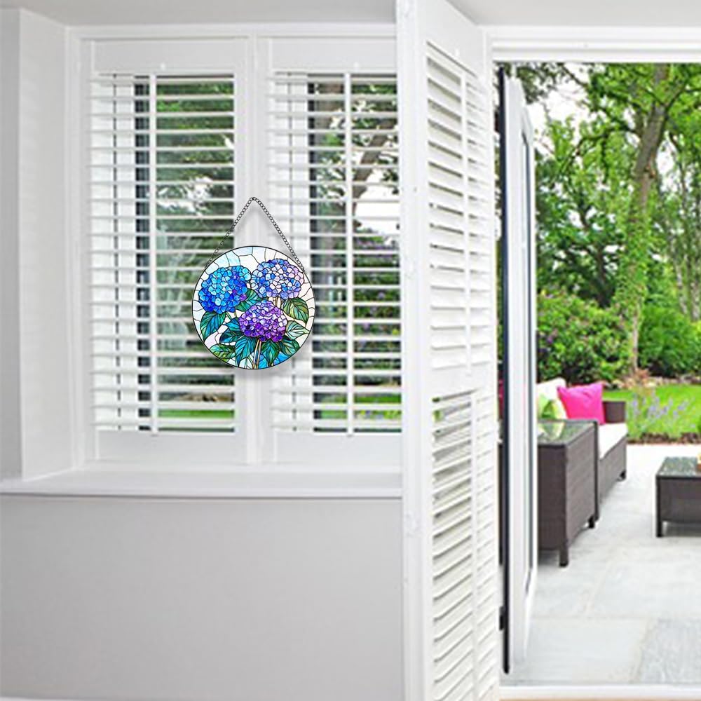 Handmade Hydrangea Flower Stained Glass Suncatcher - Vibrant Window Décor for Home/Garden,Gift-Ready Sun Catcher Art with Hook (Blue, 11.8 * 11.8IN)