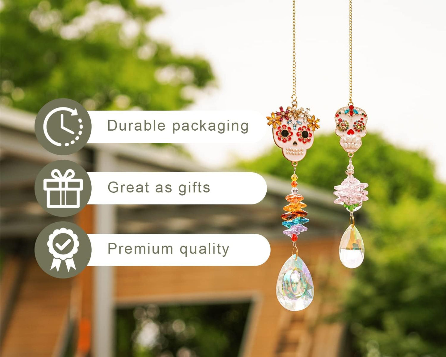 Skull-Shaped Colorful Rhinestones Pendant, Crystal Beads Chain with Glass Chandelier Suncatcher Drops Prisms Hang Ornament, Pack of 2