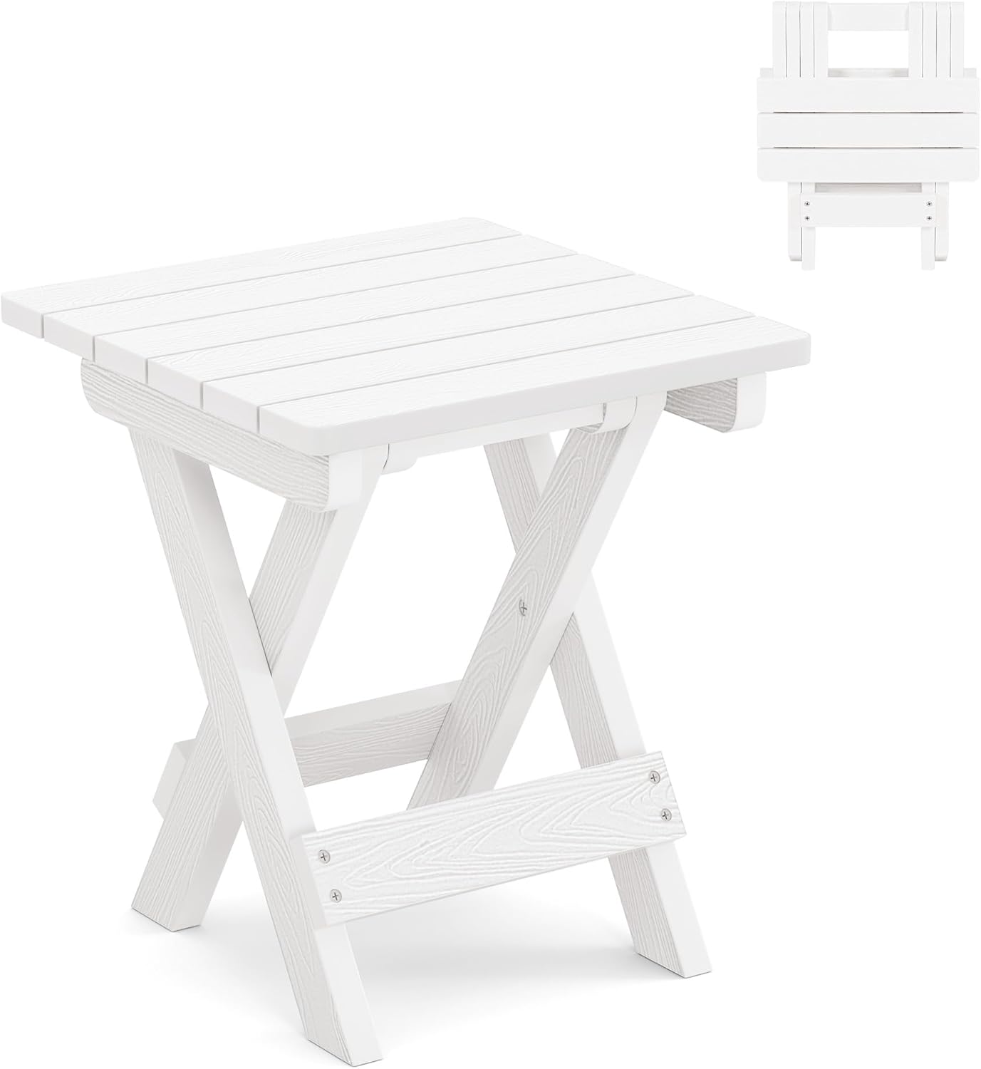 LUE BONA Small Outdoor Folding Side Table, HDPS Outside End Table for Patio, Porch, Deck, Pool, 14 Inch Height, White