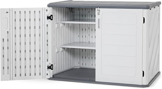 Macrout 25 Cu.Ft Small Plastic Outdoor Storage Cabinet with Shelves, 4.3 x 2.5 ft Waterproof Resin Outdoor Storage Shed with Floor, Lockable Horizontal Shed for Garden and Patio