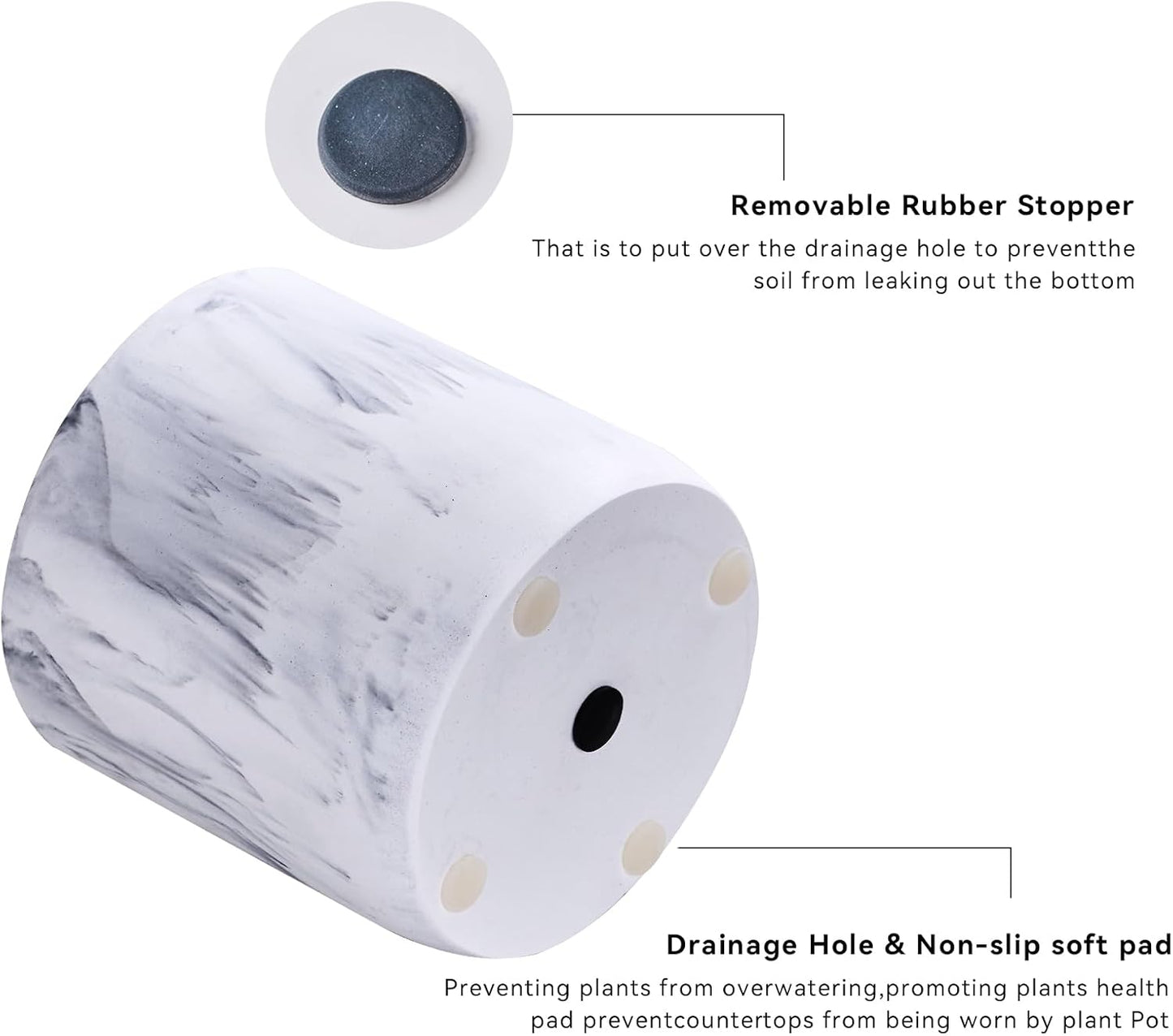 Ekirlin 6 Inch Resin Plant Pot Indoor - Natural Marble Texture Garden Planter with Drainage Hole, Removable Rubber Stopper and Non-Slip Soft Pad, Modern Succulents Containers for Home, Outdoor