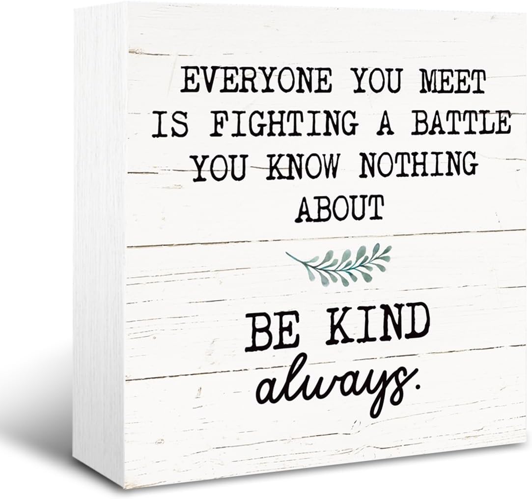 Inspirational Wood Block Signs, Positive Wood Decor, Shelf Table Decor, Desktop Decoration for Home Room Bedroom Office, Rustic Decorative Box Signs, Be Kind Always Sign, White