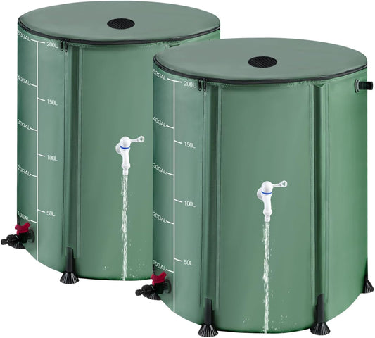 2Pcs 53 Gallon Collapsible Rain Barrel Kit with 12 Half Poles, 200L Protable Rain Water Collection Barrel with Zipper, 1000D Oxford Rain Catcher Barrel System Garden with 1 Spigot and 2 Overflow
