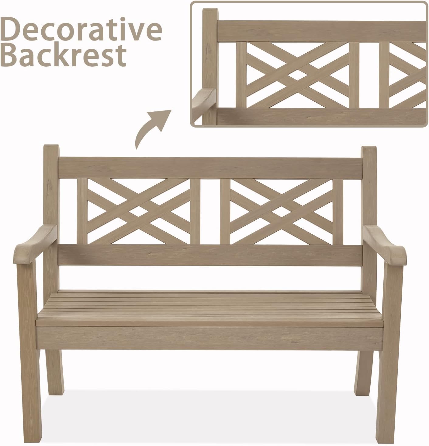 Psilvam 49''W All-Weather Poly Lumber Outdoor Bench – Grey, 2-Person Garden Bench with Decorative Backrest & Curved Armrests, Anti-Fade Patio Bench for Porch, Backyard, and Park(Grey)