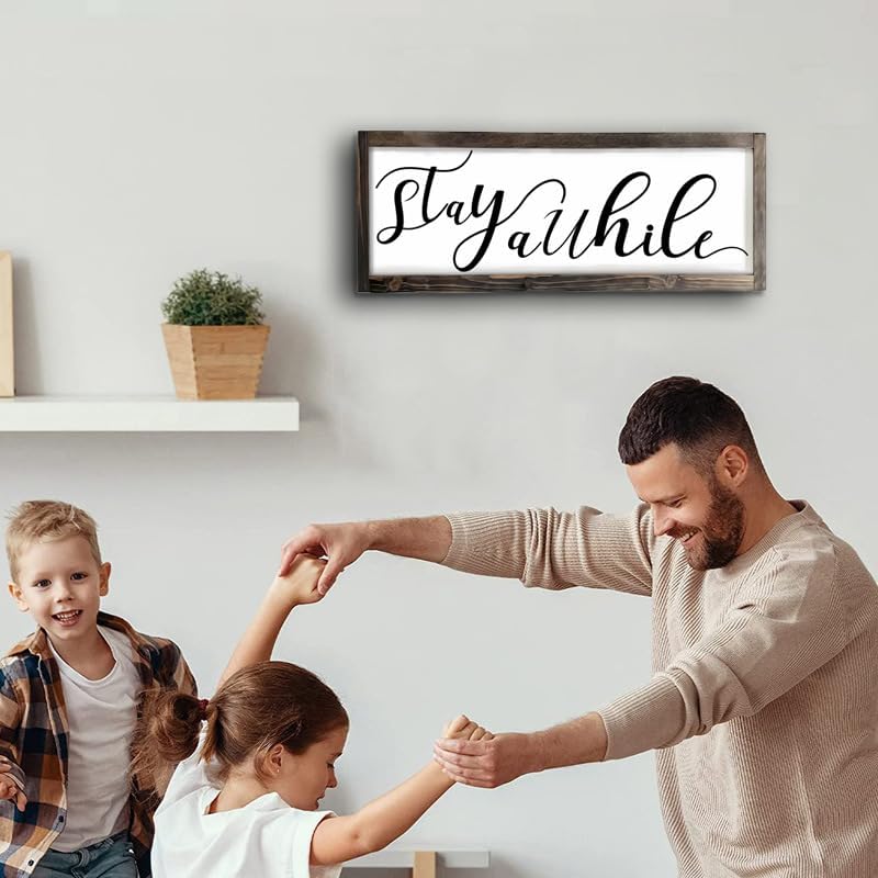 Dazingart Farmhouse Stay Awhile Wood Sign, Entryway Sign Farmhous Wall Decor, Rustic Wall Art For Housewarming Gift (Stay Awhile)